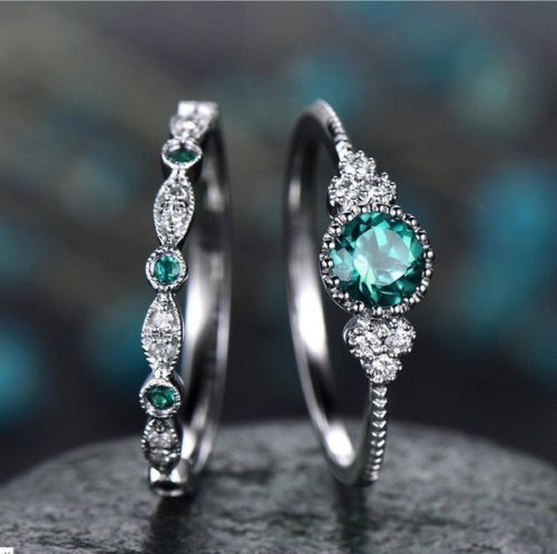 3 Colors Stackable Double Rings Sets For Women 925 Silver Round Green Blue Zircon Stone Engagement Female Birthstone Ring