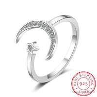 100% 925 Solid Real Sterling Silver Fine Jewelry Moon Star CZ Cocktail Opening Ring Sizable For Women Girl Gift DA27