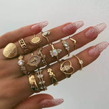 10Pcs/Set Retro Disc Statue Hollow Geometric Crown Rattlesnake Ring Carved Gold Snake Ring Set Jewelry