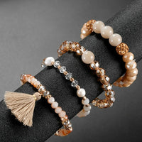 Fashion Crystal Beaded Elastic Bracelet Set Women Girls Popular Faceted Glass Pearl Beads Tassel Bracelet Handmade Jewelry Gift