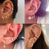 7 PCS Vintage Bohemian Mix Design Little Stars Cross Crystal Earrings Women Trendy Piercing Ear Studs Cuff Circle Earring Set