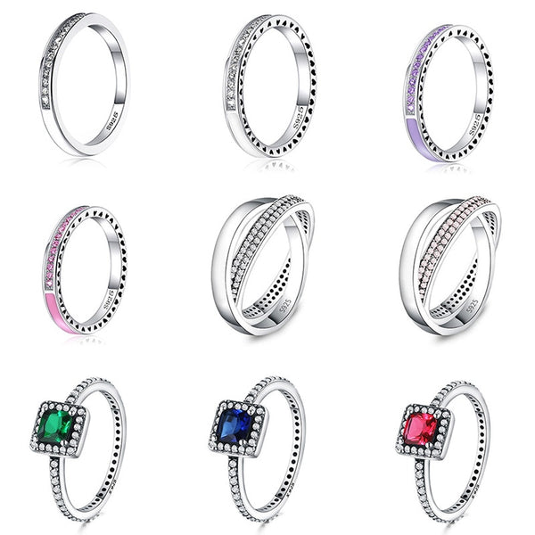 925 Silver Ring Charm Purple/Pink/White Enamel Square Crystal Finger Rings For Women Jewelry