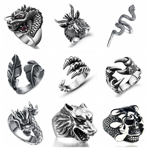 Free Fan Retro Gothic Punk Men Rings Trendy Skull Wolf Dragon Male Rings Jewelry Halloween Accessories Anillo Hombre Bijoux