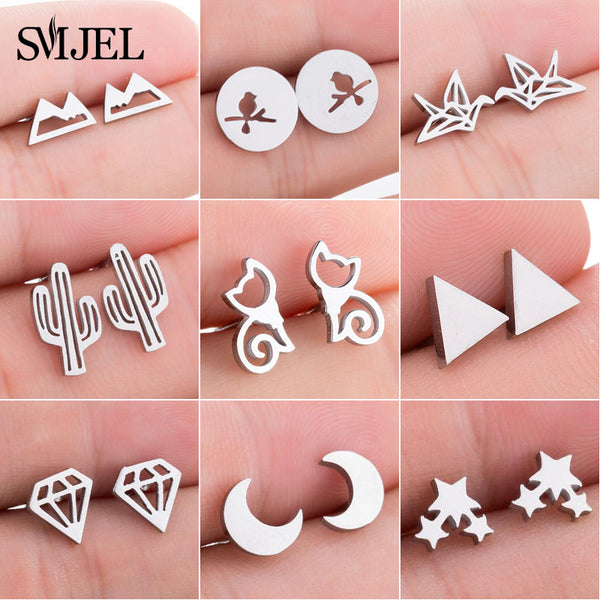 SMJEL Fashion Cute Animal Stud Earrings for Women Kids Stainless Steel Jewelry Cat Moon Star Earings Jewelry Accessories Gifts