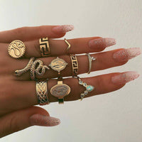 10Pcs/Set Retro Disc Statue Hollow Geometric Crown Rattlesnake Ring Carved Gold Snake Ring Set Jewelry